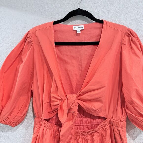 The Drop Tie Front Puff Sleeve Midi Dress Orange Cutout Waist Size XL Cotton - Picture 3 of 10